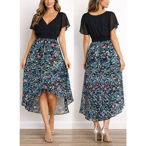 Nicole Miller Dress 12 Black Floral Midi Retro Boho Flowy Elastic Waist